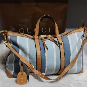SALE! Auth Gucci Blue & White Striped Leather Trim Travel/Duffle Bag W Strap